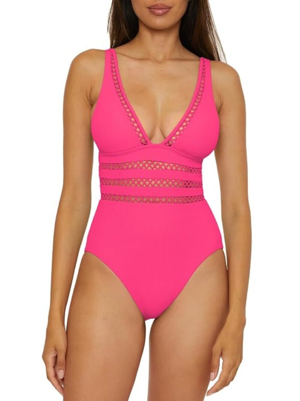 Becca 'Modern Edge' Crochet-Trim One-Piece Swimsuit, Punch Pink